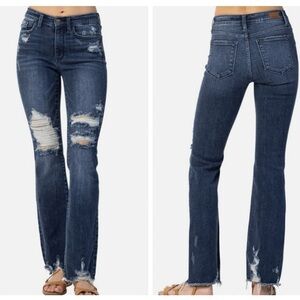 Judy Blue jeans Mid Rise Slim Bootcut 1/25 denim Fray hem distressed stretch